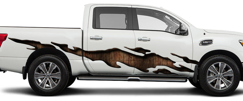 Wood panel tear decal on the side of nissan titan truck